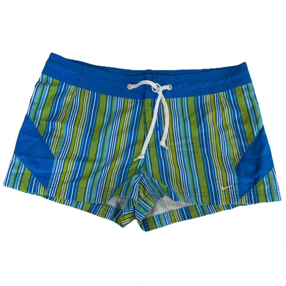Nike Swim Trunks Women's Medium Blue Green Stripe Board Shorts Drawstring